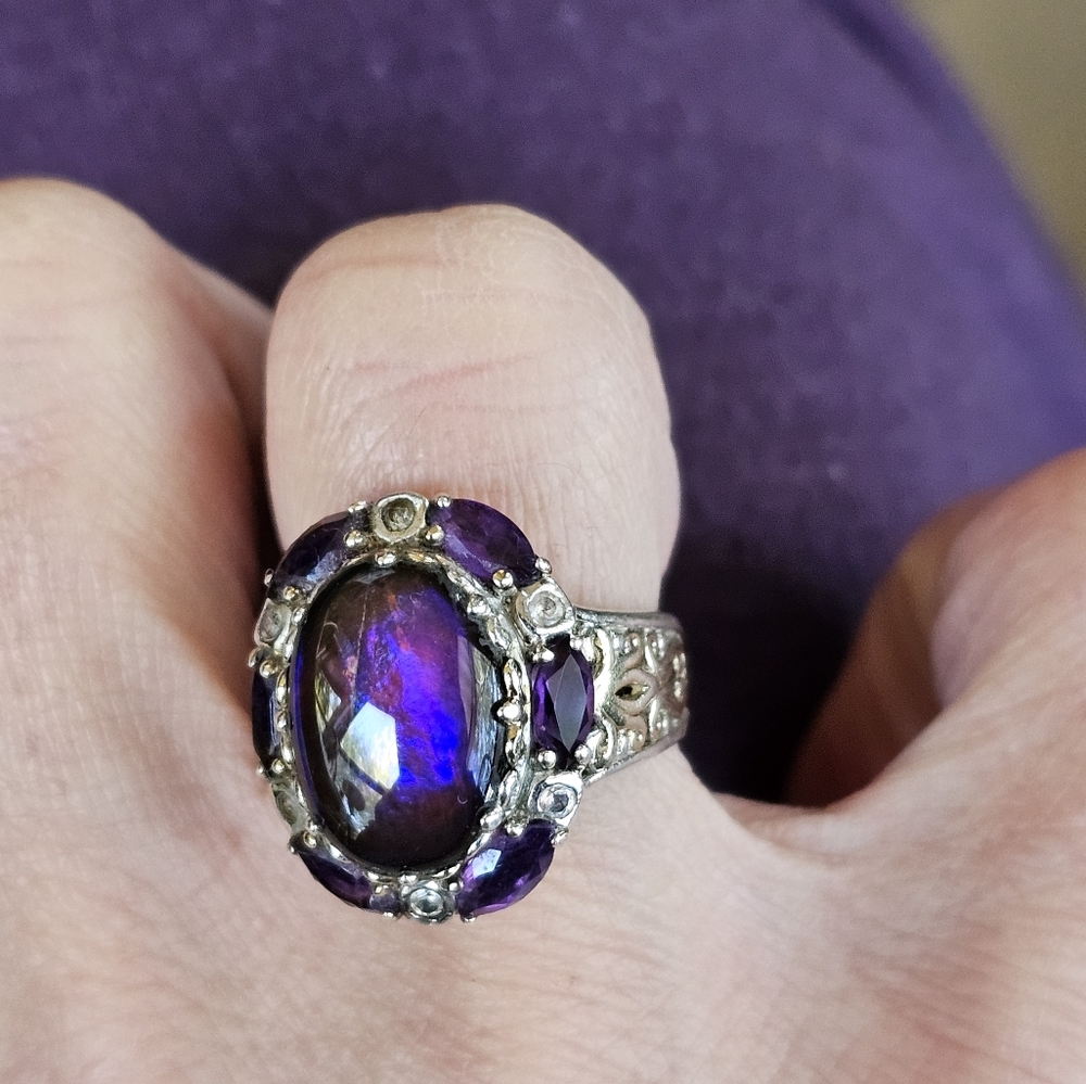 Vintage ✨️ Ammolite & Amethyst Ring in Palladium Sterling Silver Sz 6! - Picture 10 of 12